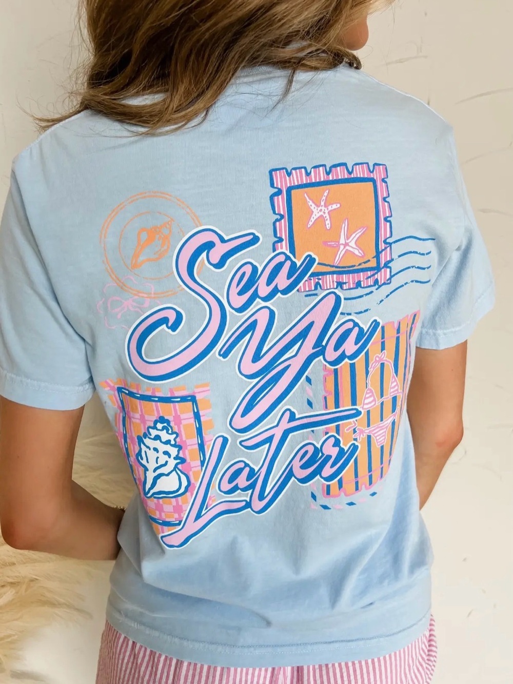 Sea Ya Later Graphic Tee - Pastel Blue with Pink & Orange Print